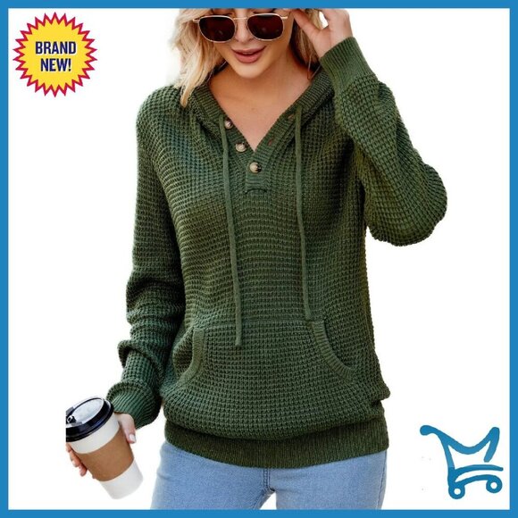 Sweaters - Oversized V-Neck Hoodie Sweater with Pockets, 100% Acrylic, Loose Fit